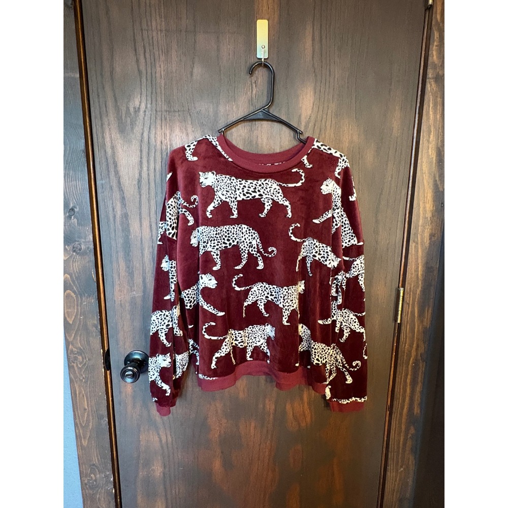 Room Service Womens Burgundy Leopard Print Velour Sweatshirt Large Crewneck L